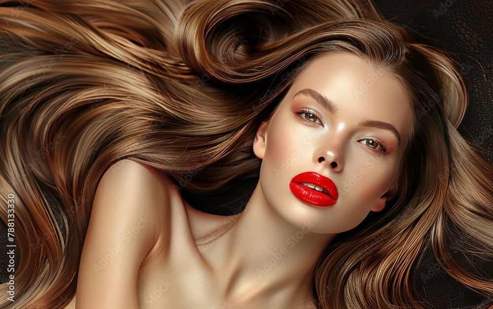 Fototapeta premium A woman with long brown hair and red lipstick