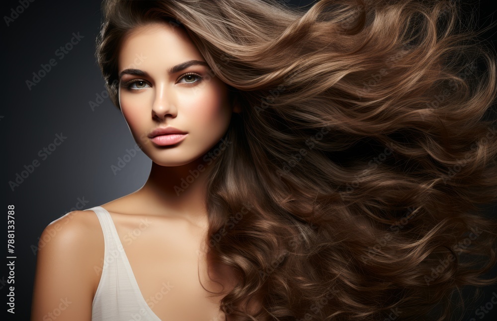 A woman with long brown hair is standing in front of a black background A woman with long brown hair is standing in front of a black background