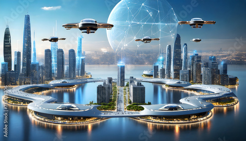 futuristic city with floating skyports for aerial transportation, showcasing a skyline fille. Generative AI. photo