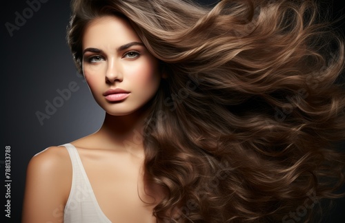 A woman with long brown hair is standing in front of a black background