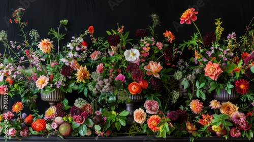 Baroque floral arrangement in a lush garden with rich hues and ornate design on a black backdrop. Features vibrant colors, intricate details, and botanical elegance, showcasing lavish blooms and class