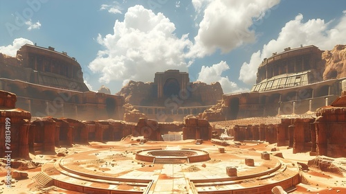 Sunlit Sands Arena: Epic Digital Battleground. Concept Digital Art, Gaming, Virtual Reality, Competition, Multimedia