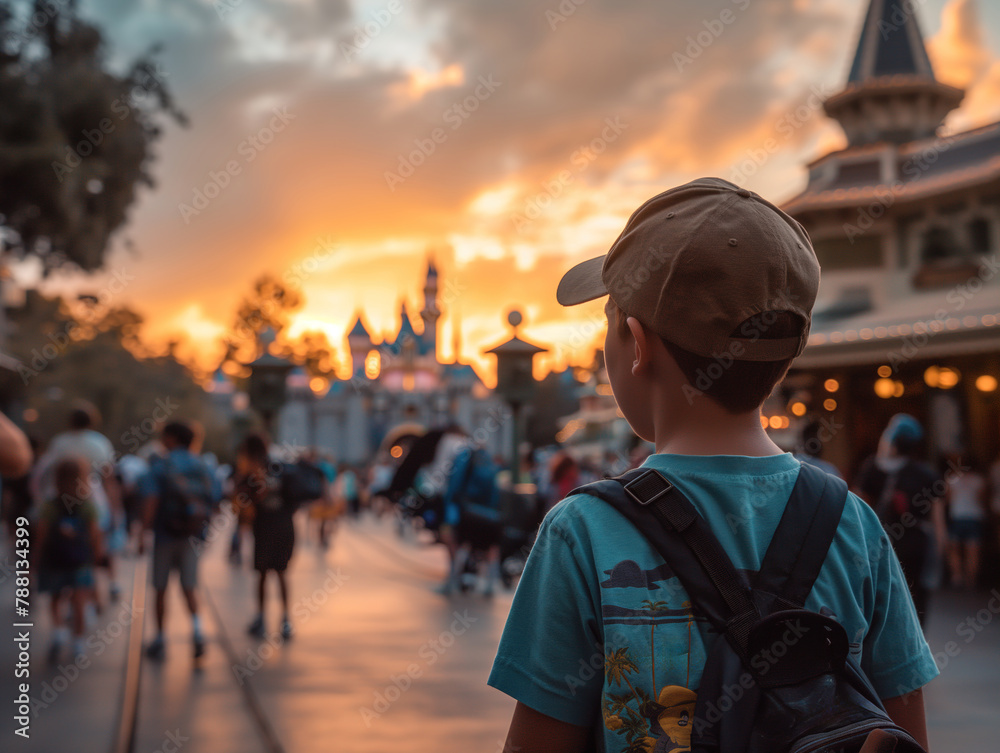 Fototapeta premium Young Boy With Backpack Admiring Sunset