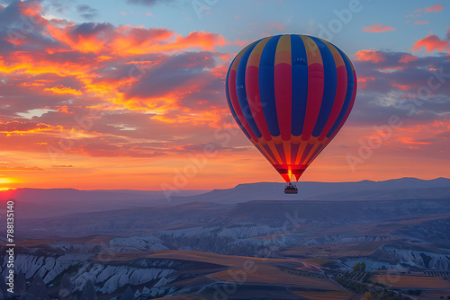 A kaleidoscopic hot air balloon hovers over Cappadocias distinctive rock formations bathed in soft dawn light