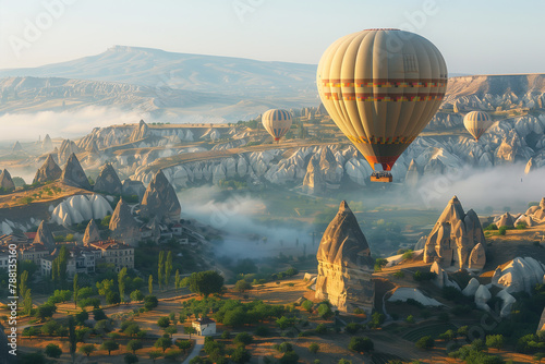 A kaleidoscopic hot air balloon hovers over Cappadocias distinctive rock formations bathed in soft dawn light photo