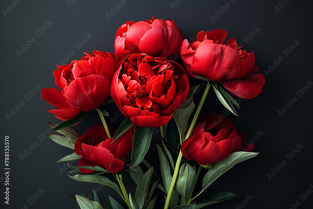 Red peonies on a black background 