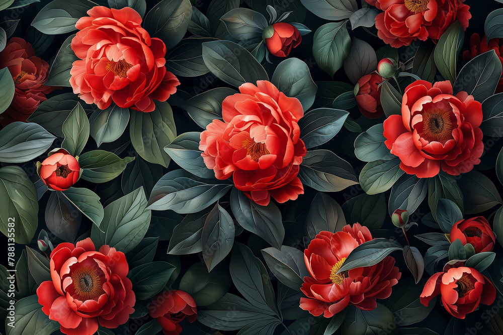 Red peonies on a black background, pattern