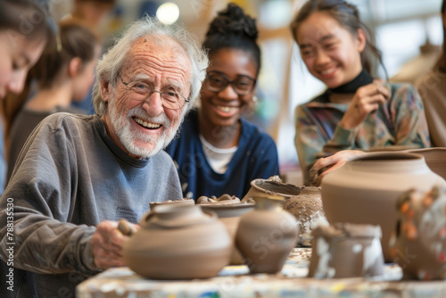 A group of young students and an older man, both with gray hair, were working together to make ceramics in the studio at their art school