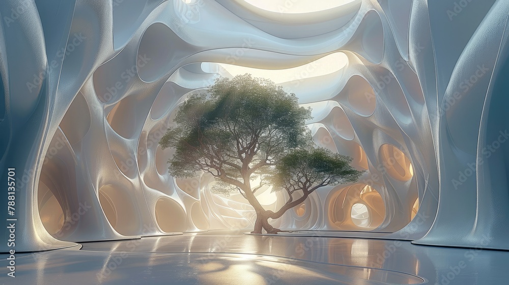 Fototapeta premium An symmetrical and exquisite hall with an oversized organic parametric structure, featuring tall trees in the center of the room surrounded by walls made from white wavy resin sheets. Generative AI.