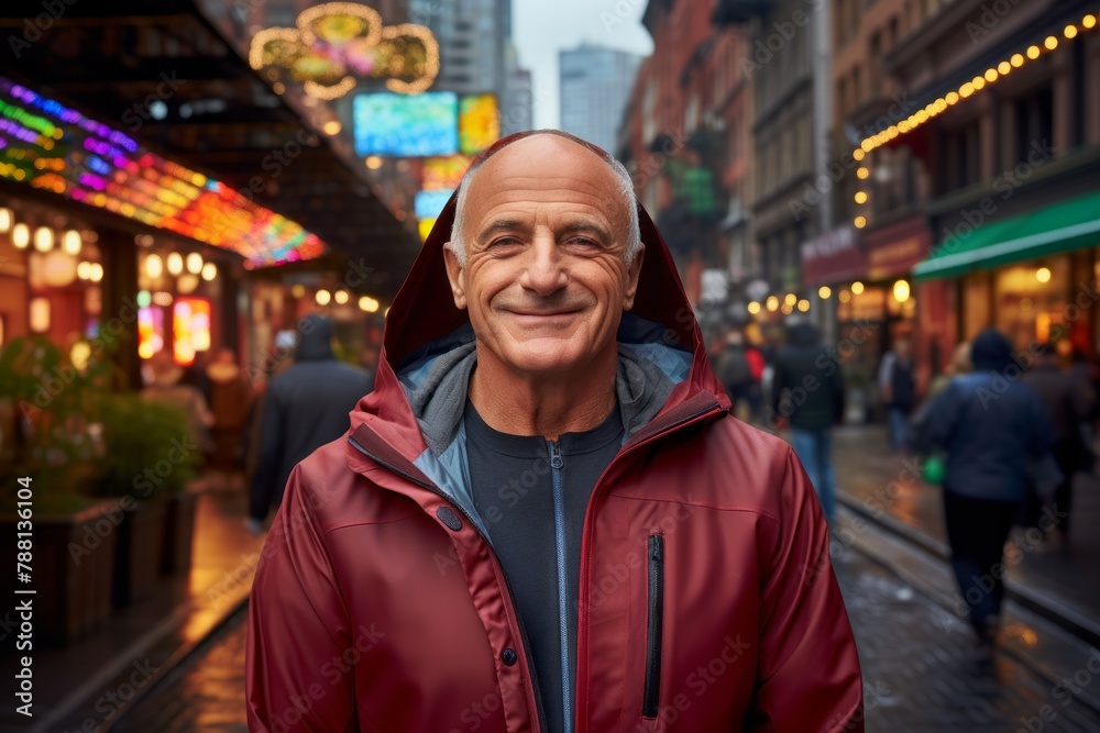Portrait of a content man in his 60s wearing a zip-up fleece hoodie in vibrant market street background