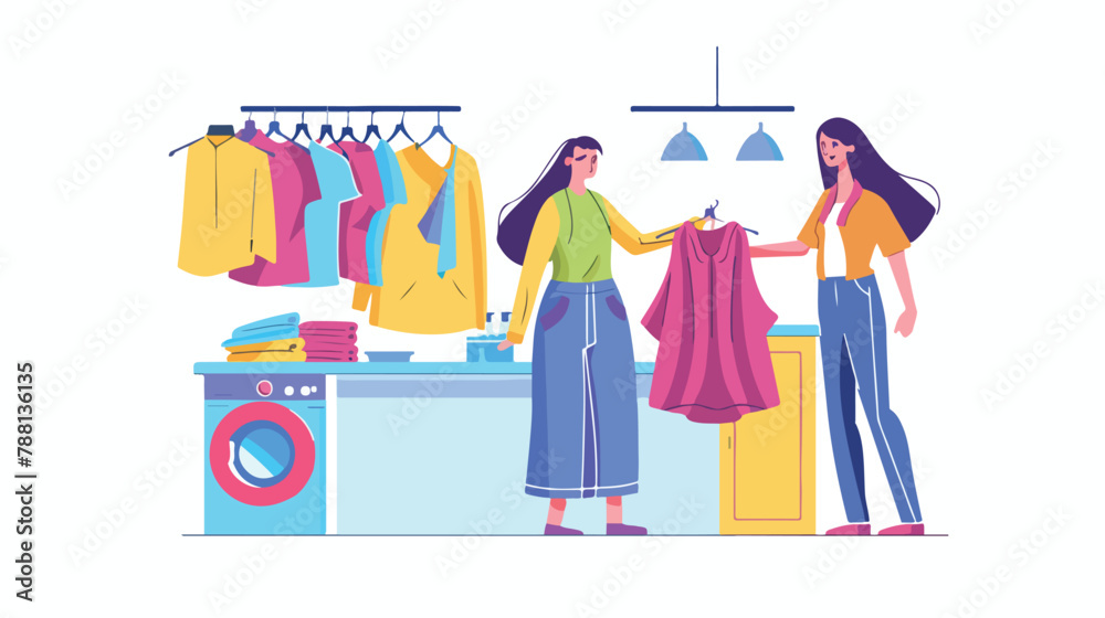 Woman at dry-cleaning and laundry service. Customer background