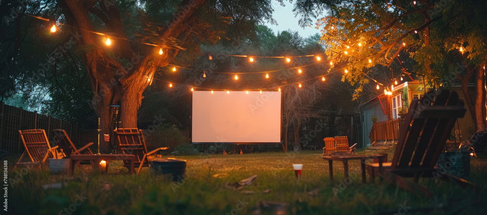 Obraz premium A outdoor cinema setup in the backyard, with seats and string lights around an old movie screen