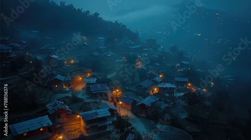 A mountain range covered in darkness. makeshift houses in the rural village with dim light only from small sources. Aerial high view. Generative AI.