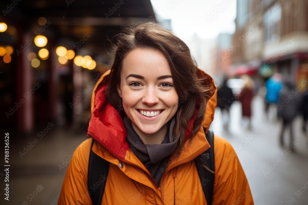 Portrait of a grinning woman in her 20s donning a durable down jacket on vibrant market street background Portrait of a grinning woman in her 20s donning a durable down jacket on vibrant market street background