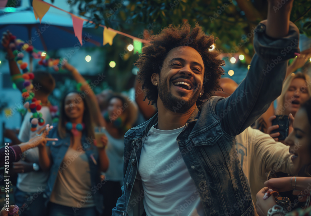 Afro man smiles joyfully and raises one arm to dance festival party with other people dancing in dark gray jackets and festive decorations