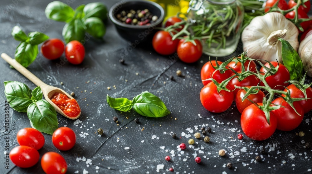 A table with tomatoes, garlic and other ingredients on it, AI A table with tomatoes, garlic and other ingredients on it, AI