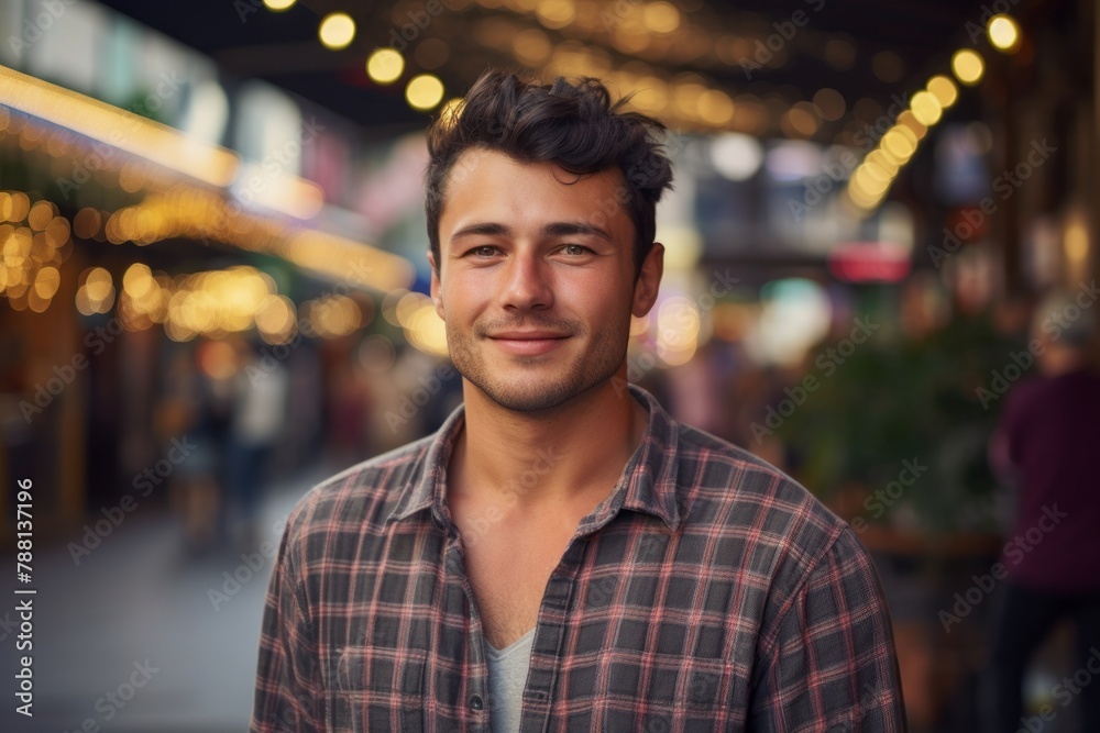 Fototapeta premium Portrait of a tender man in his 20s dressed in a relaxed flannel shirt on vibrant market street background
