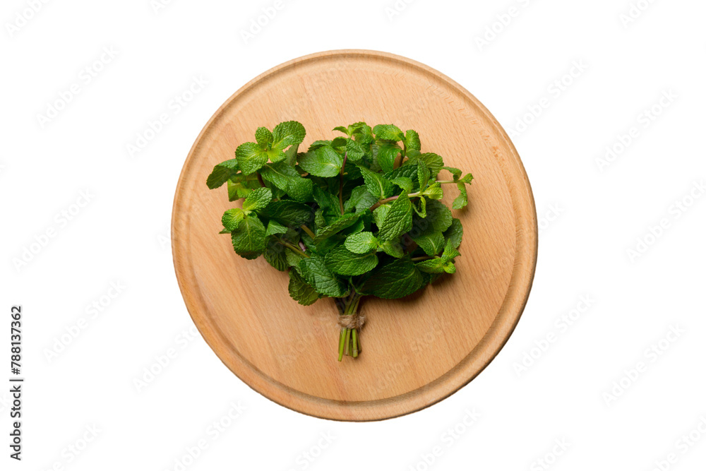 Fresh mint on Cutting board table isolated on white background, top view. Flat lay Space for text Fresh mint on Cutting board table isolated on white background, top view. Flat lay Space for text