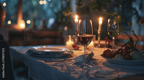 Romantic dinner place setting with plates and cutlery on table.