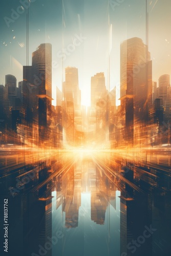 Digital art style of futuristic cityscape with towering skyscrapers with vibrant orange color. 