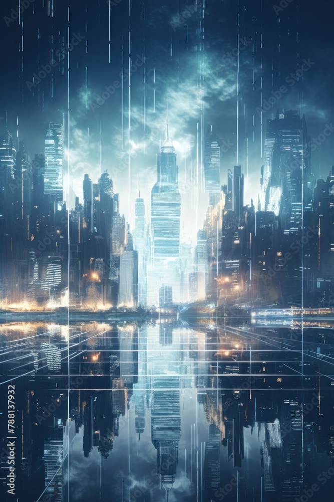 Futuristic cityscape at night, reflecting in water with rain streaks, digital grid lines on the buildings, in the style of cyberpunk, dark blue sky with light clouds and skyscraper reflections.