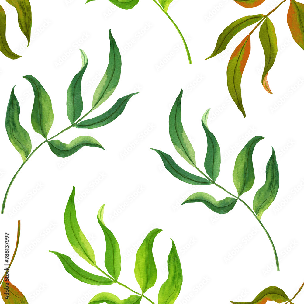 Watercolor seamless pattern with branches and leaves. Hand painted leaves on white background.