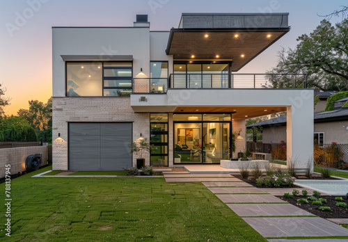 A photo shows the exterior front view of an ultra-modern two-story house. Large gray sliding doors are on the bottom level, and an open balcony and white clay-tiled roof are on top © Kien