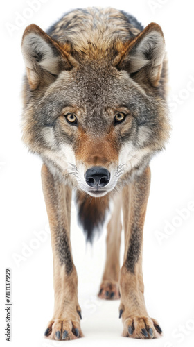 front view gray wolf walking forward isolated on white background