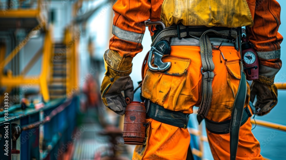 Focused capture presenting crucial safety equipment worn by an oil rig worker, essential for safety in the demanding oil and gas field. Focused capture presenting crucial safety equipment worn by an oil rig worker, essential for safety in the demanding oil and gas field.