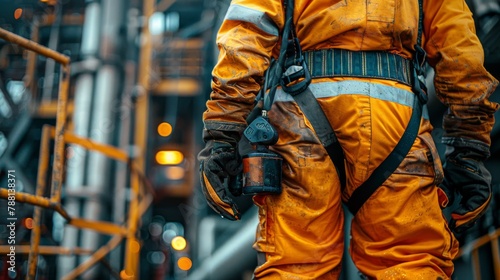 Detailed image featuring primary safety gear worn by an oil rig worker, indispensable in the high-pressure realm of oil and gas operations.