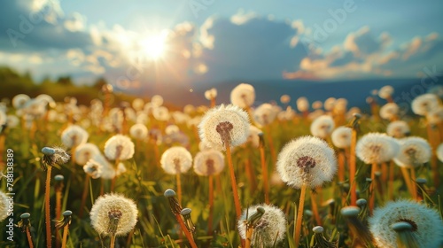 White fluffy dandelions weeds on grassland. Generative AI.