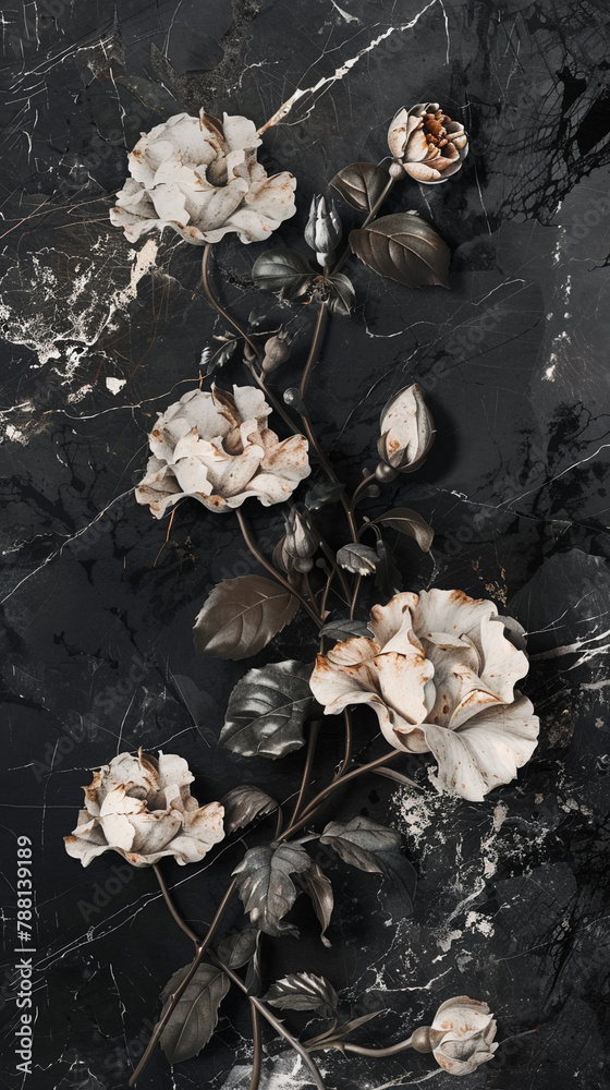Panel Wall Art, Nero Marquina Marble with Abstract Rose and Iris Designs