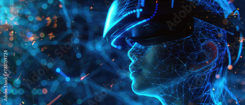 immersive virtual reality future technology with illustration of person using vr headset blue technology with abstract lines around dark background created with Generative AI Technology