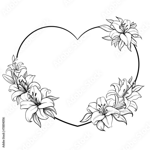 heart frame with flowers lilies, monochrome line art, floral wreath. Botanical Heart Border. Silhouette Wedding Decor