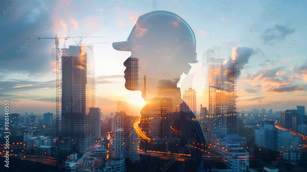Harnessing dawn's vigor, a figure in a hard hat emerges amidst the urban silhouette, symbolizing resilience at the break of a new day.
Harnessing dawn's vigor, a figure in a hard hat emerges amidst the urban silhouette, symbolizing resilience at the break of a new day.