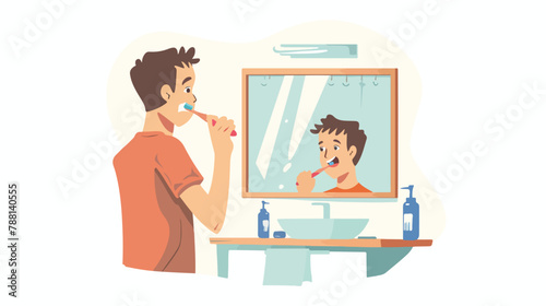 Young man standing in front of mirror in bathroom