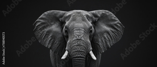 an african elephant animal with tusks seen from the front isolated on a dark background created with Generative AI Technology