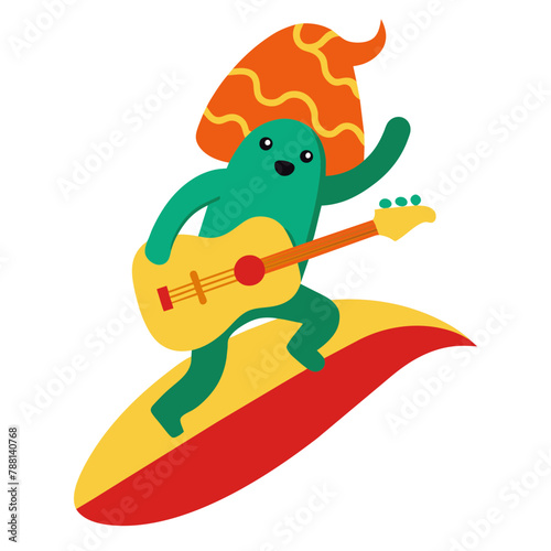  Surfing Salsa Shredder: Taco Rockstar Rides Wave of Flavor with Electric Guitar on T-Shirt Graphic