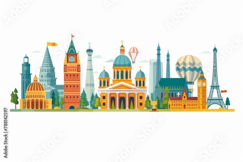 A colorful illustration of a city with buildings and landmarks, AI