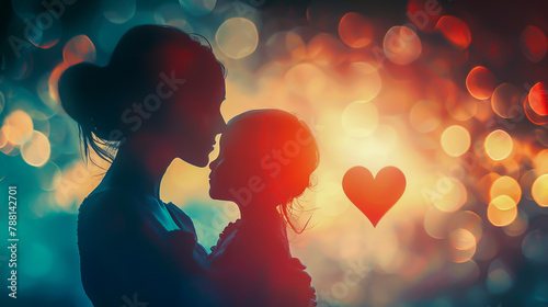 Mother and daughter lovingly with mysterious light in the background and heart, Generative AI photo