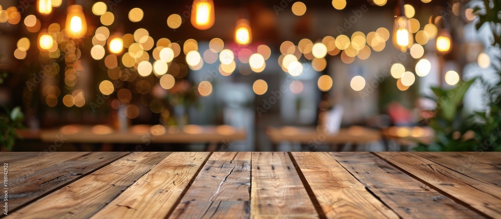 Wooden table in front of a blurred background featuring restaurant lights. Wooden table in front of a blurred background featuring restaurant lights.