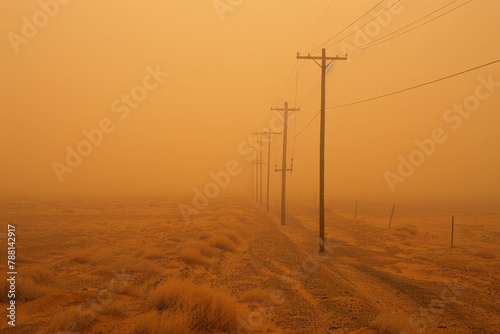 A photograph showing a line of power lines disappearing into a dense sandstorm, the structures barel