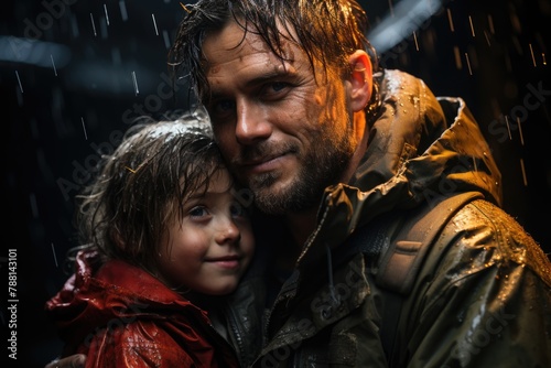 Tender Embrace in the Rain: Father and Child Bonding Moment