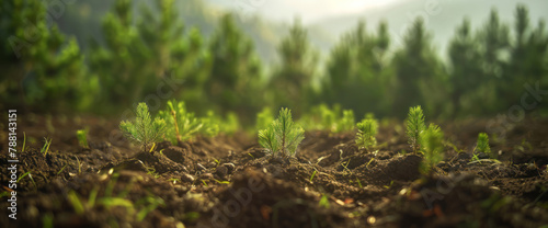 People were planting trees in the forest, with a closeup shot showing young tree seedlings growing in the soil against a blurred backdrop of forests.