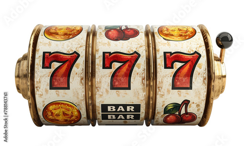 Classic three-reel slot machine with vibrant symbols in a casino setting showcasing spinning action and bright colors