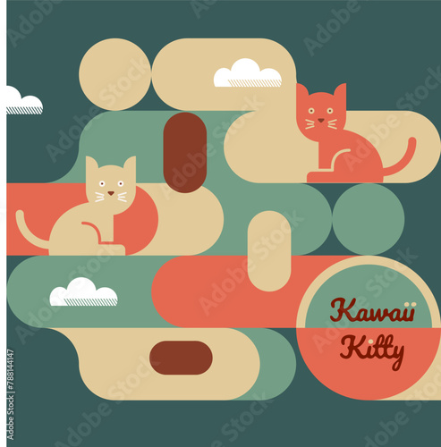 Kawaii Cats vector illustration  Smiling Kitty, cute and round-faced cat