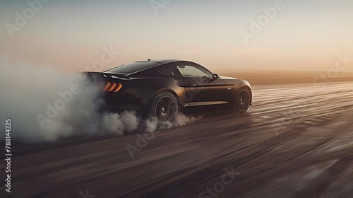 Speed Surge: Black Car Dispelling Smoke on a Sunset Drive. Concept Fast Cars, Sunset Drive, Smoke Effect, Black Vehicles, High Speed