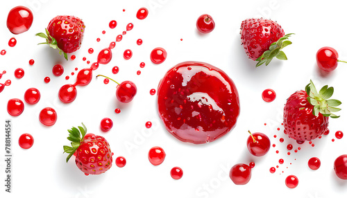 Drops of sweet strawberry jam and fresh berry on white background photo