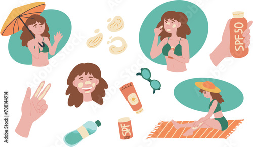 Sun safety collection. Tubes and bottles of sunscreen products with different SPF: cream, lotion, lipstick, spray. Hand drawn summer cosmetic and different sun glasses. Skin protection.
