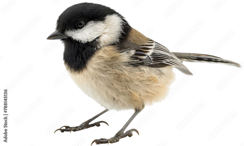 Naklejka premium A close-up view of a marsh tit perched gracefully, showcasing its distinctive black-capped head and fluffy beige feathers, situated against a clean white background